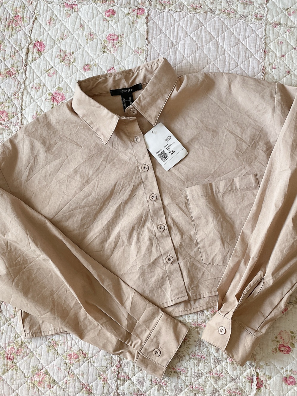 Forever 21 Beige Button-Front Long Sleeve Shirt